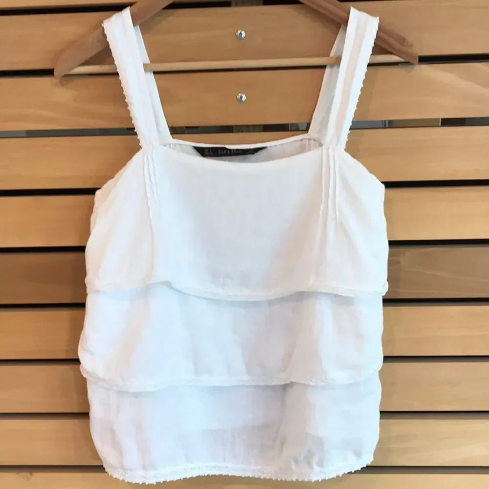 Zara White Tiered Ruffle Tank Top Size Small